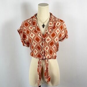 Milk & Honey Retro Geometric Print Tie Front Crop Top Shirt Womens XS